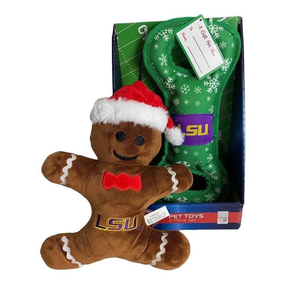 LSU Tigers Holiday Dog Toy 2 Piece Gingerbread Man Plush Squeaker/Green Bone